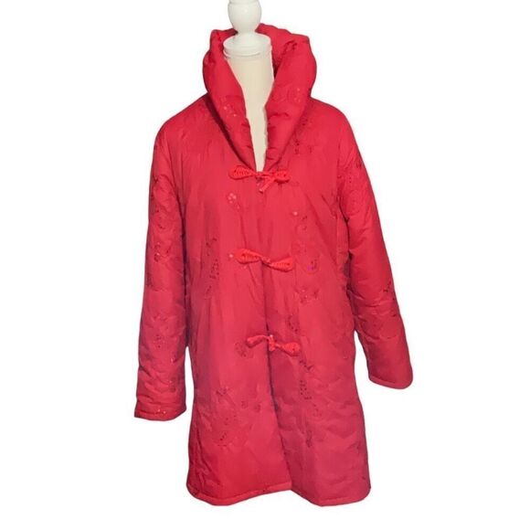 Hwei Na Si Vintage Red Silk Puffer Coat Embroidered Sequin Frog Closures XXXL - Picture 1 of 8